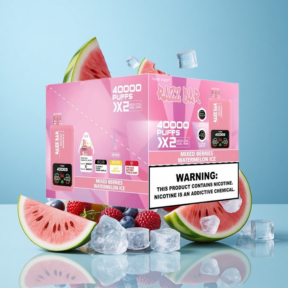 Razz Bar 40000 Puffs Дисергативен Вейп Комбинация от Ягоди_Леден Диня Екран с Мощност Dual Mesh Coil 1.0Ohm 2