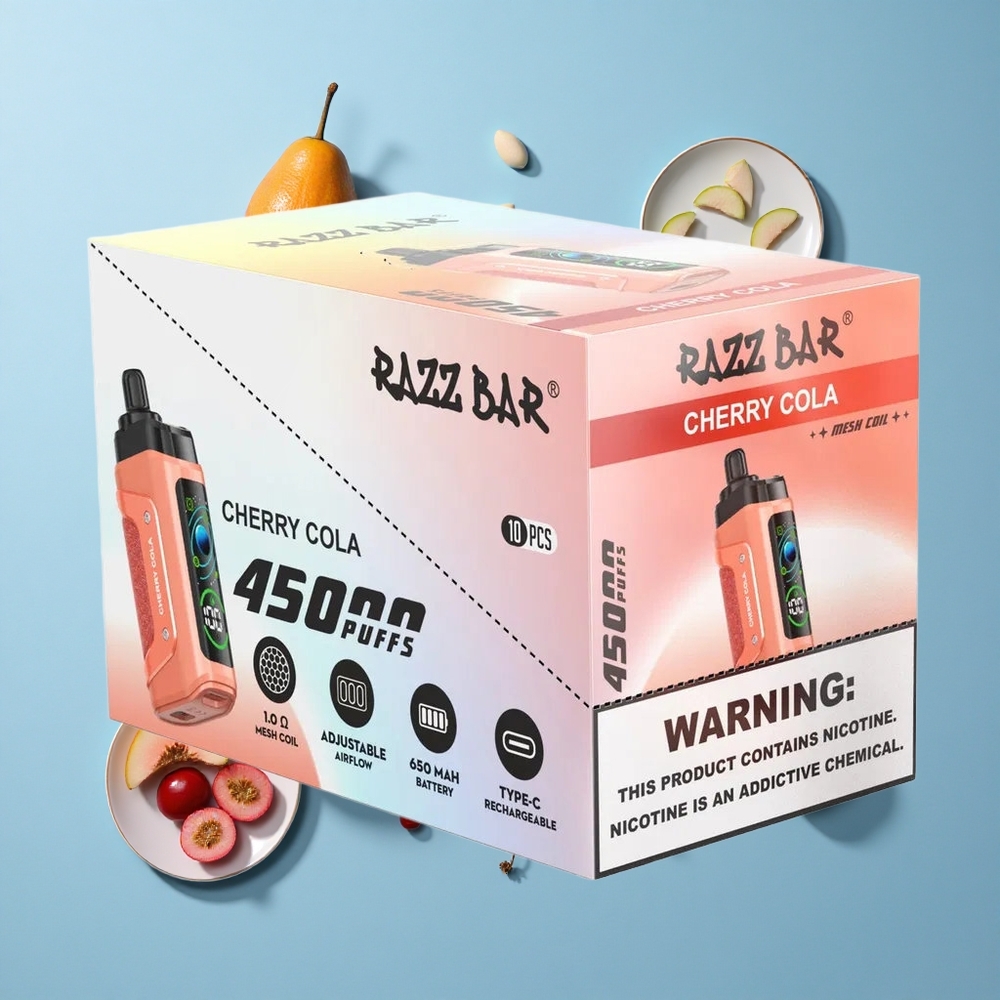 Razz Bar 45000 Пуфове Диспосабул Вейп Чери Кола 1.0 Ohm Мрежа и Регулируем Въздушен Поток