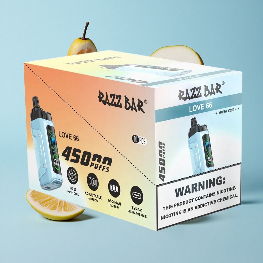 Razz Bar 45000 Пуфове Еднократна вейп Любов 66 Регулируем въздушен поток & 1.0 Ohm мрежов коил