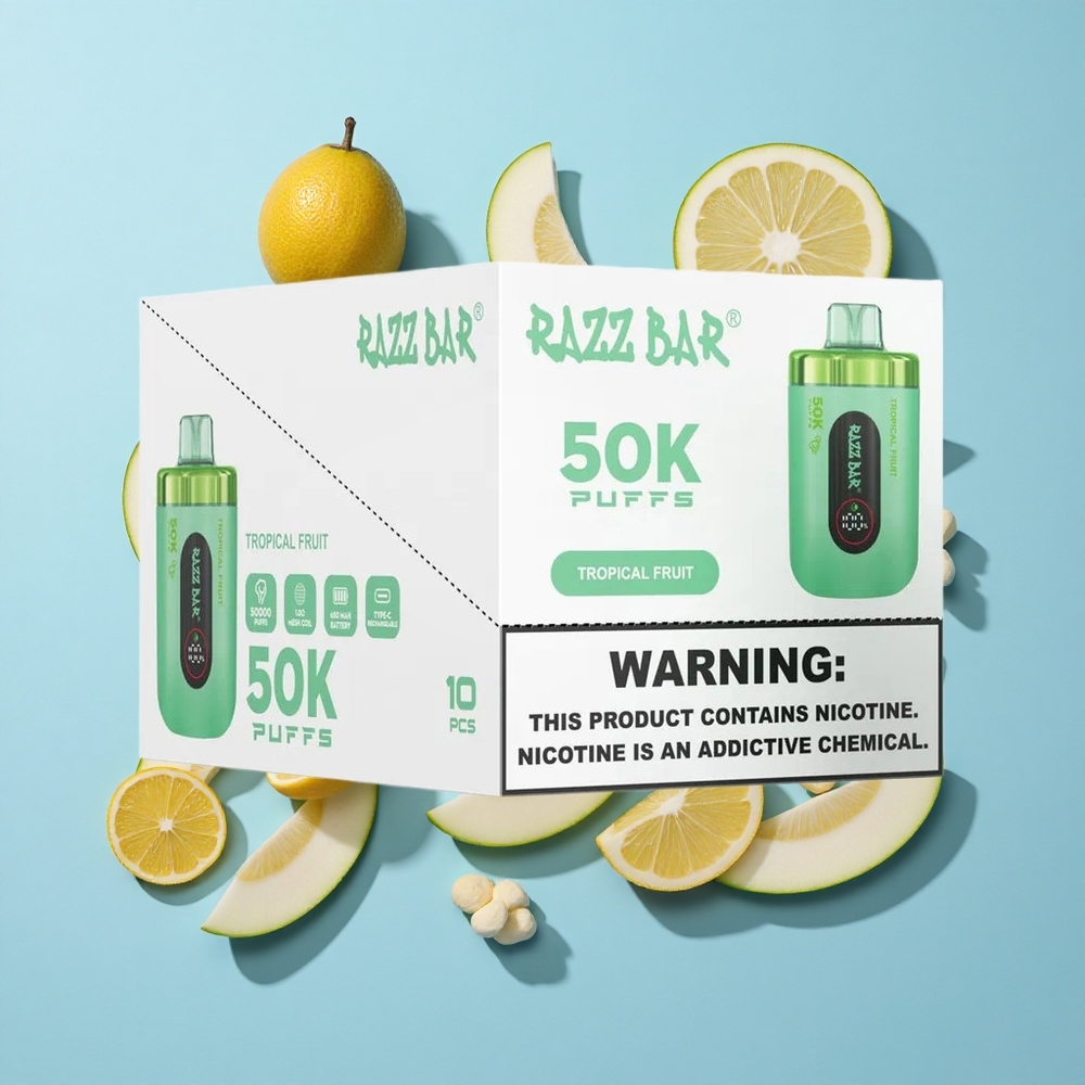 Razz Bar 50K Пуфове Еднократна вейп Тропически Плодове 1.0 Ohm Mesh Coil 650 Mah Battery